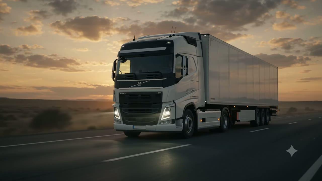 Camión Volvo FH en carretera al atardecer